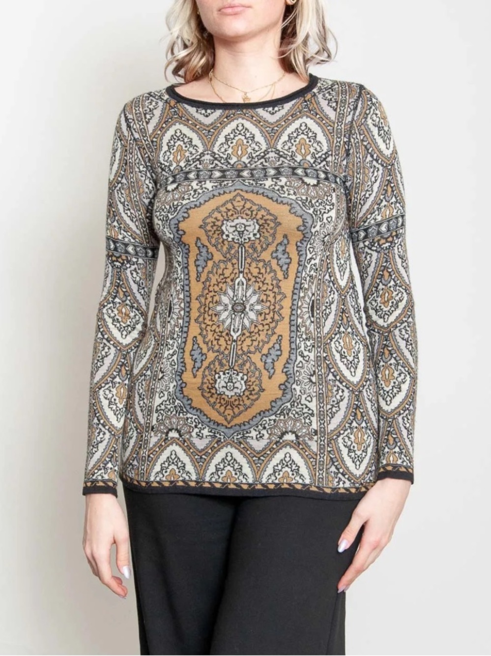 Twin-Set Long Sleeve Wool Medallion Print Top in Tan and Black